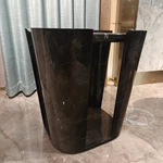 Sculptural Black Marble Sofa Side Table with Curved Dark Wood Panels and Open Architectural Base